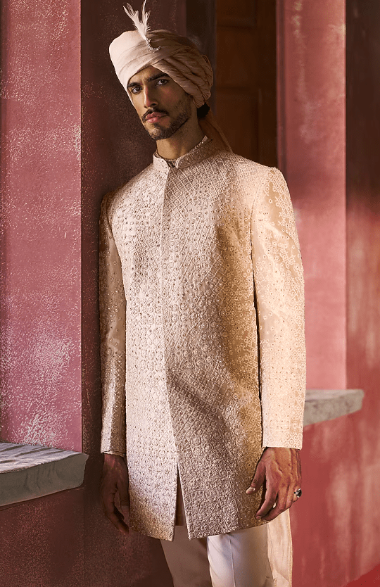 Sandstone Tissue Threadwork Embroidered Sherwani Set - Image 2