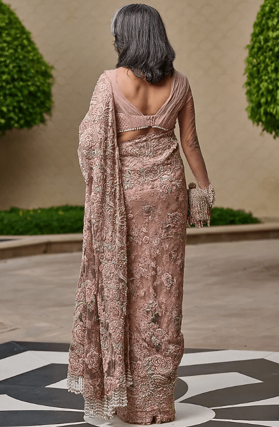 Blush Pink Lace Floral Thread Embroidered Saree Set - Image 2