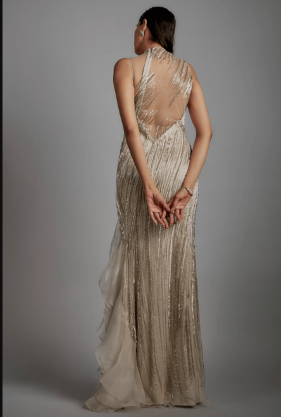 Sage Gold Tulle Bugle Bead Embroidered Gown - Image 2
