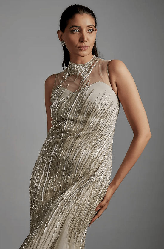 Sage Gold Tulle Bugle Bead Embroidered Gown - Image 3