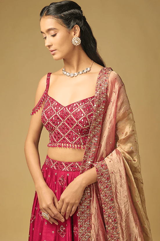 Ruby Red Dupion Silk Hand Embroidered Lehenga set - Image 4