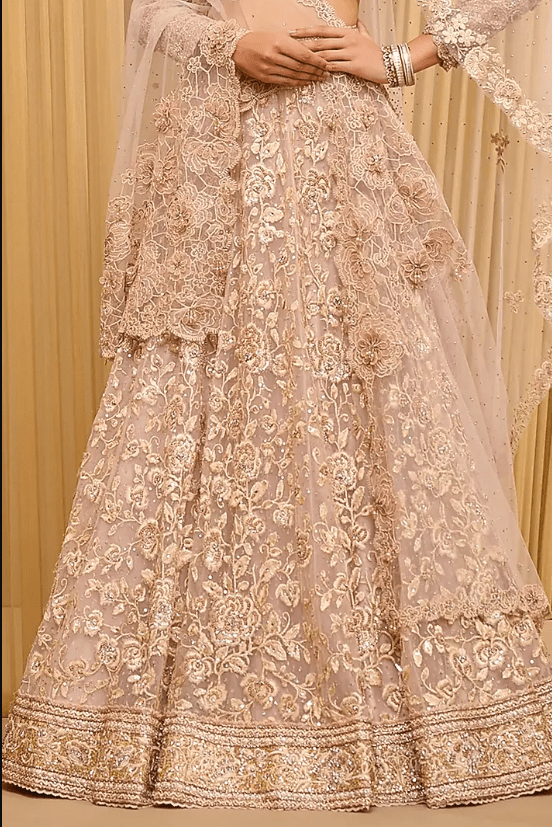 Blush Pink Indian Tulle Thread Embroidered Lehenga Set - Image 3