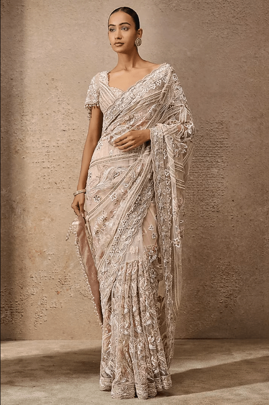 Blush Pink Indian Tulle Sequins Embroidered Saree Set