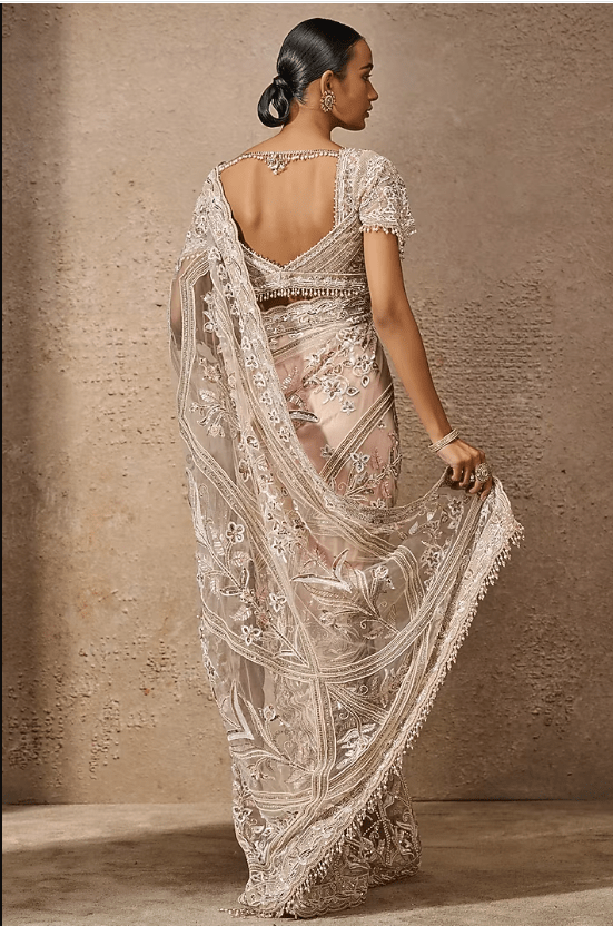 Blush Pink Indian Tulle Sequins Embroidered Saree Set - Image 2