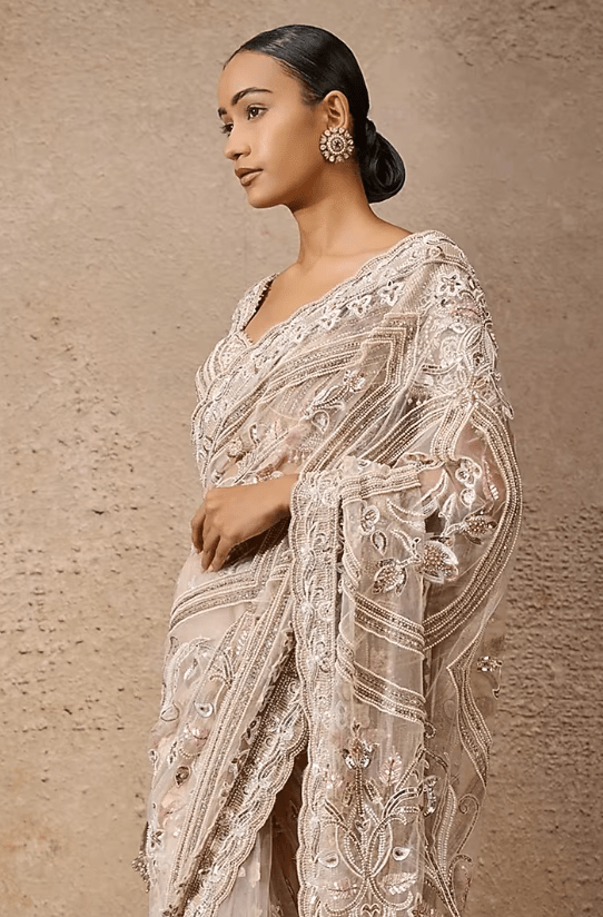 Blush Pink Indian Tulle Sequins Embroidered Saree Set - Image 3