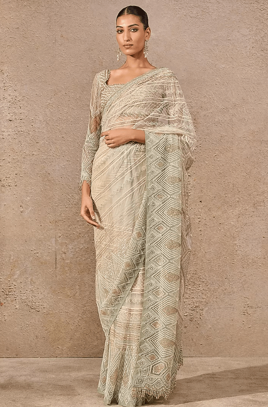 Aqua & Gold Tulle Hand Embroidered Saree Set