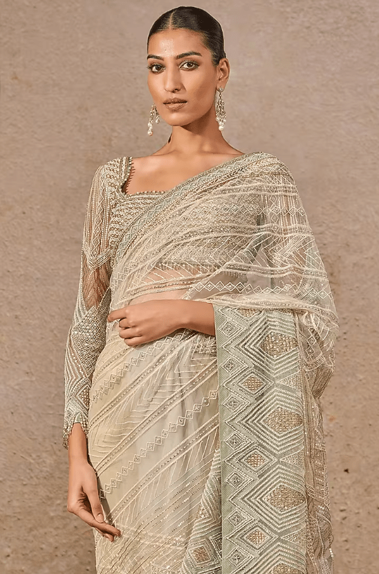 Aqua & Gold Tulle Hand Embroidered Saree Set - Image 2
