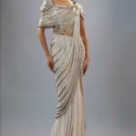 Sage Gold Georgette Bugle Bead Embroidered Gown Saree