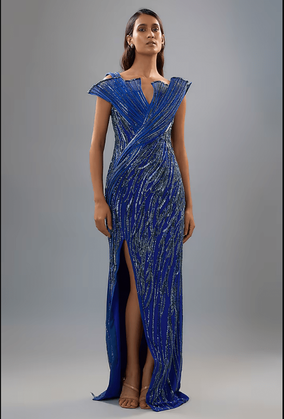 Midnight Sapphire Crepe Embroidered Sculpted Gown