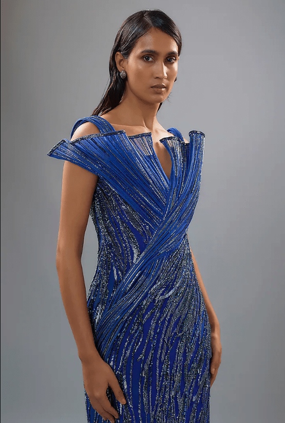 Midnight Sapphire Crepe Embroidered Sculpted Gown - Image 3