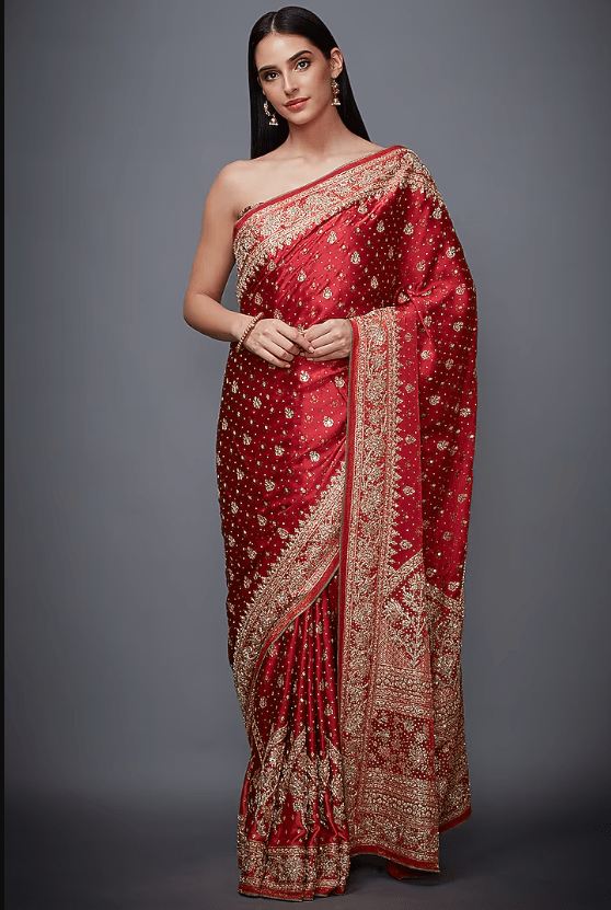 Red & Saffron Embroidered Saree Set