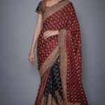 Black & Burgundy Embroidered Saree Set