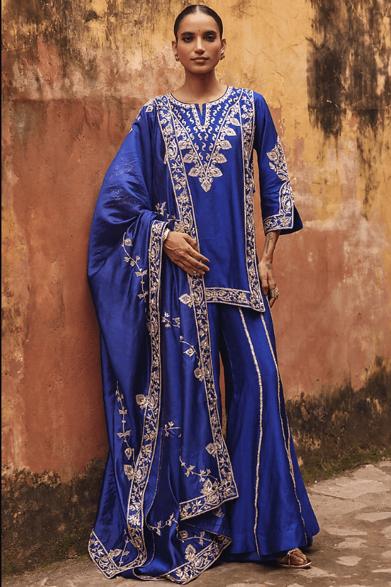 Blue Pure Silk Zardosi Embroidered Sharara Set