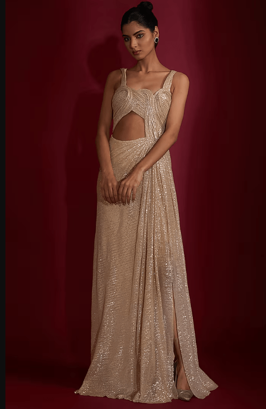 Champagne Sequins Embroidered Sculpted Draped Gown