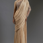 Creamy Beige Viscose Georgette Bugle Beads Embroidered Gown Saree