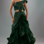 Emerald Green Sequins Ruffled Lehenga Saree Set