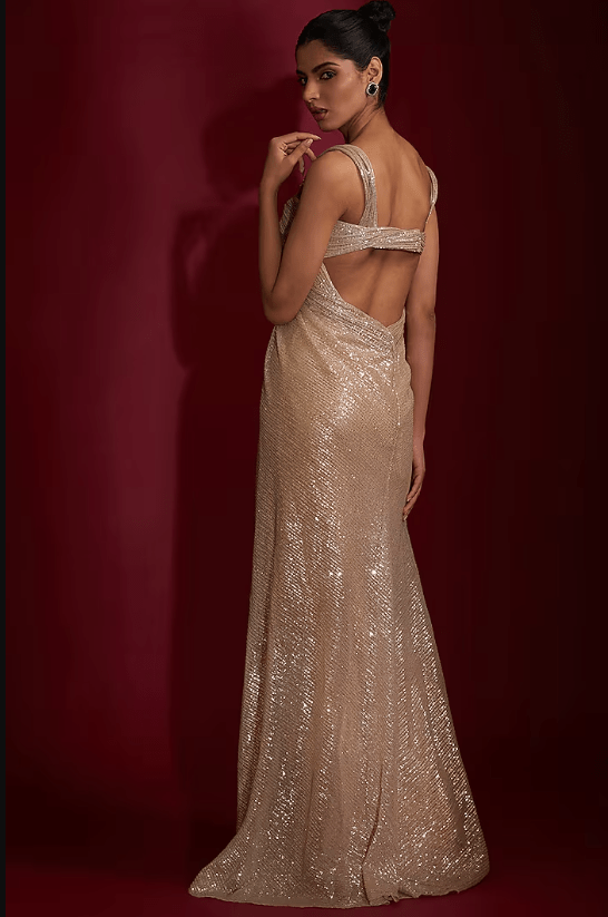 Champagne Sequins Embroidered Sculpted Draped Gown - Image 2