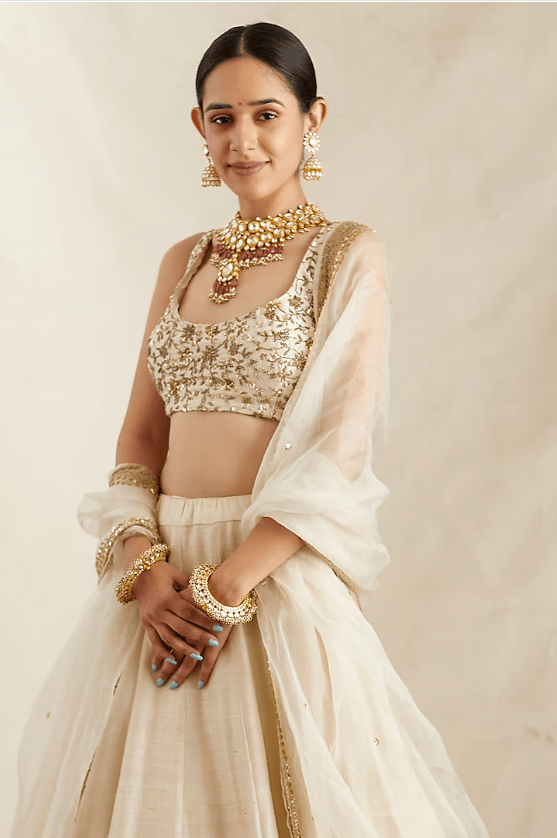 Off-White Raw Silk Embroidered Lehenga Set - Image 3