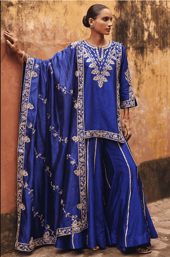 Blue Pure Silk Zardosi Embroidered Sharara Set - Image 3