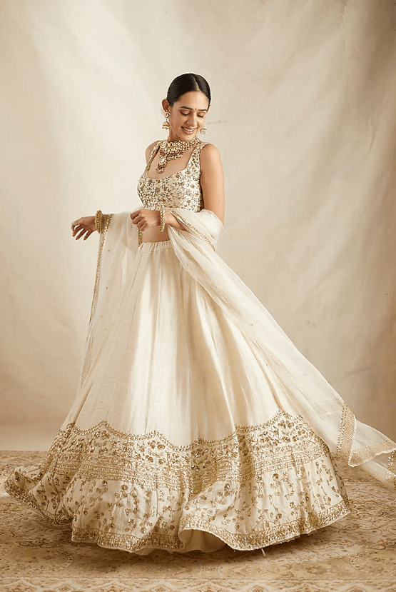Off-White Raw Silk Embroidered Lehenga Set - Image 4