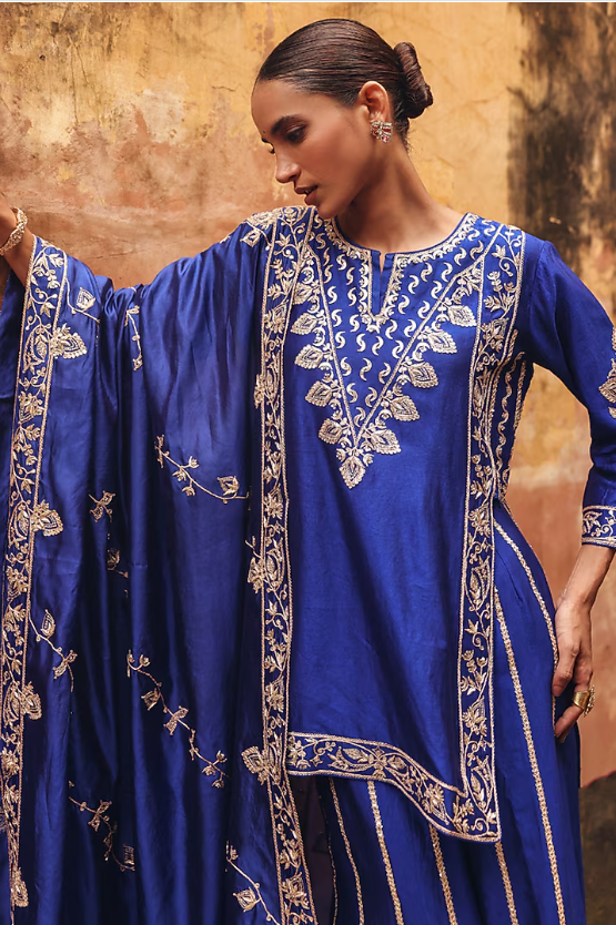 Blue Pure Silk Zardosi Embroidered Sharara Set - Image 4