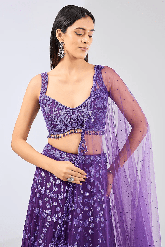 Purple Georgette Hand Embroidered Lehenga Set - Image 4