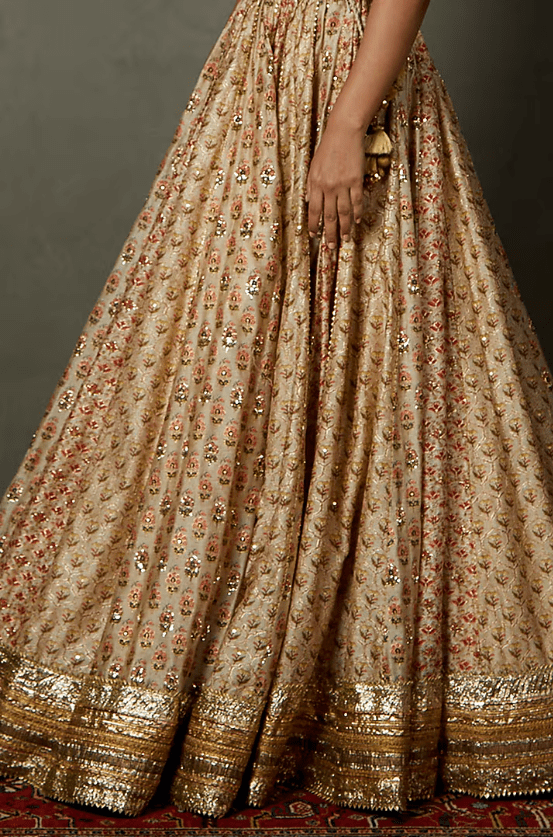 Off-White & Multi- Colored Cotton & Silk Embroidered Lehenga Set - Image 4