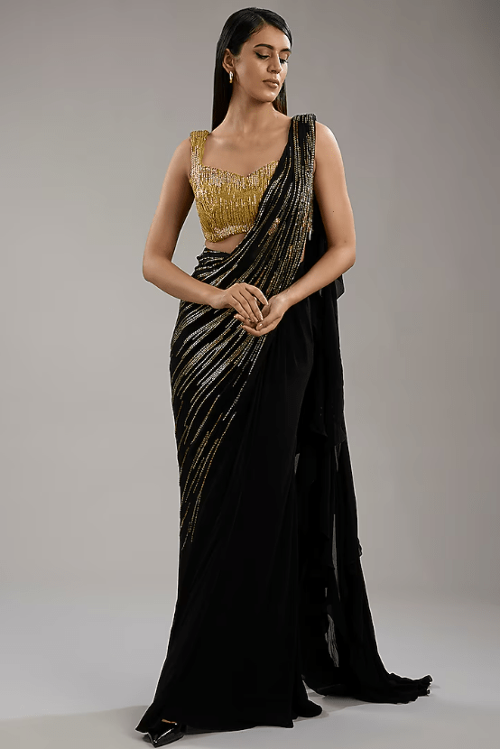 Black & Gold Georgette Bugal Embroidered Saree