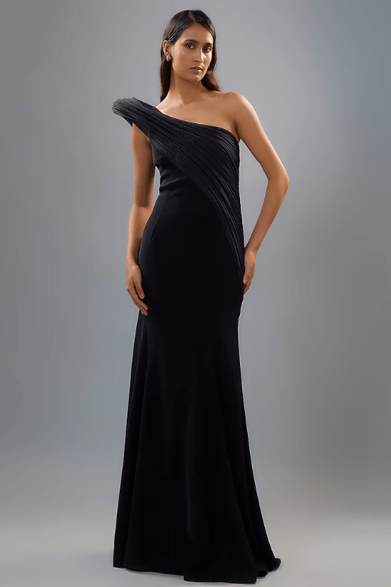 Midnight Blue Banana Crepe One-Shoulder Gown