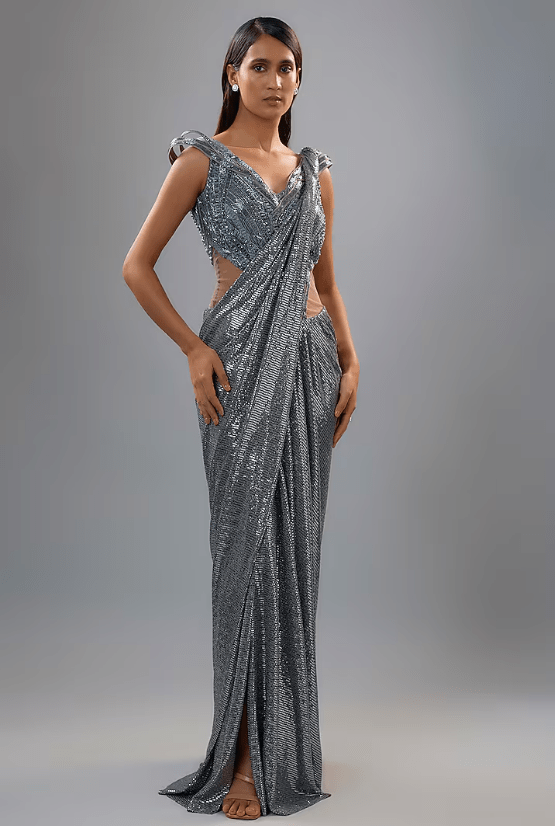 Blue Sequins Jersey Bugle Bead Embroidered Sculpted Gown Saree