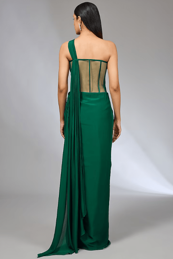 Emerald Green Chiffon Gown Saree - Image 2