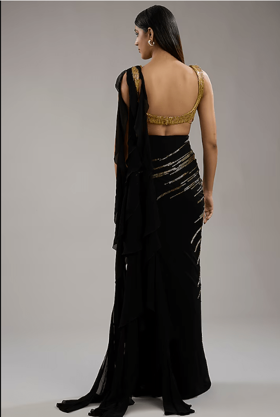 Black & Gold Georgette Bugal Embroidered Saree - Image 2