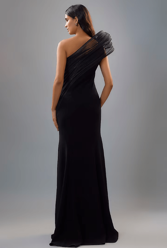 Midnight Blue Banana Crepe One-Shoulder Gown - Image 2