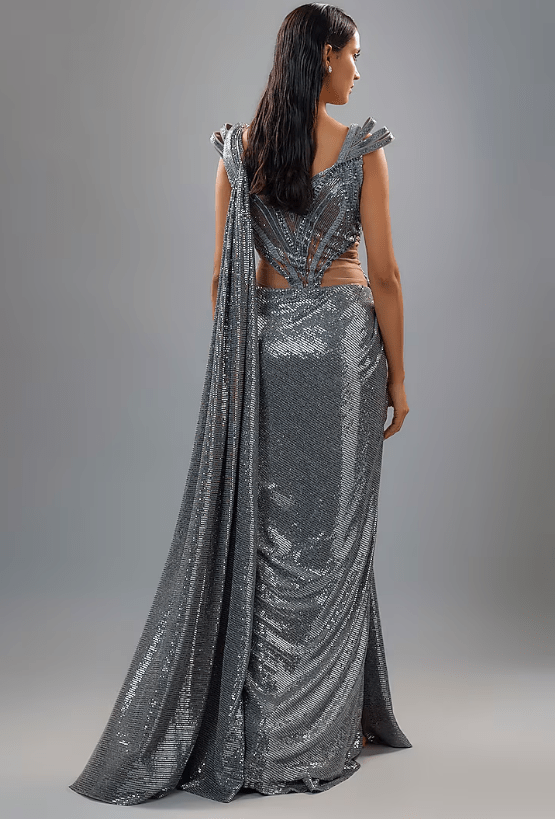 Blue Sequins Jersey Bugle Bead Embroidered Sculpted Gown Saree - Image 2