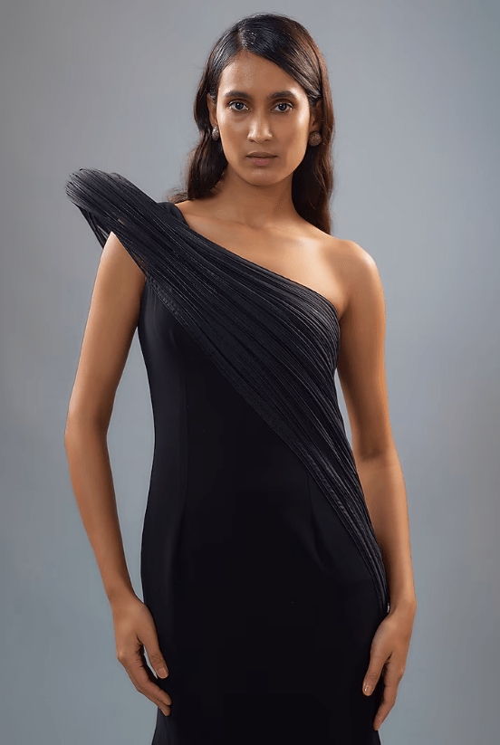 Midnight Blue Banana Crepe One-Shoulder Gown - Image 3