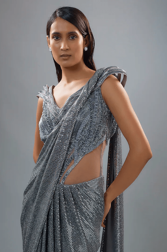 Blue Sequins Jersey Bugle Bead Embroidered Sculpted Gown Saree - Image 3