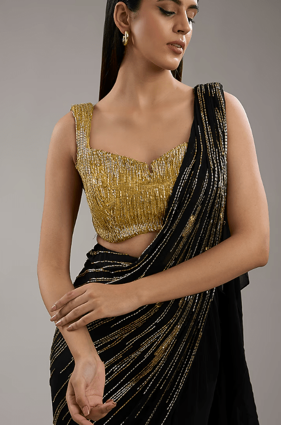Black & Gold Georgette Bugal Embroidered Saree - Image 4