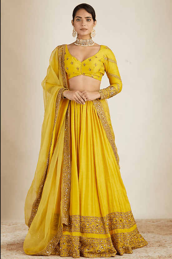 Mustard Chanderi Silk & Crepe Bead Embroidered Lehenga Set