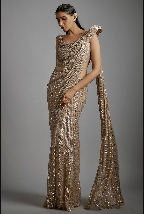Champagne Sequins Bugle Bead Embroidered Gown Saree