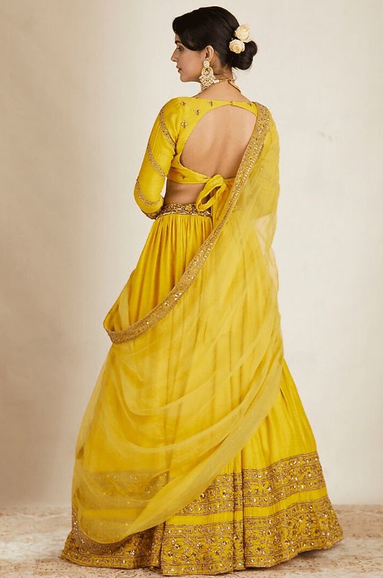 Mustard Chanderi Silk & Crepe Bead Embroidered Lehenga Set - Image 2