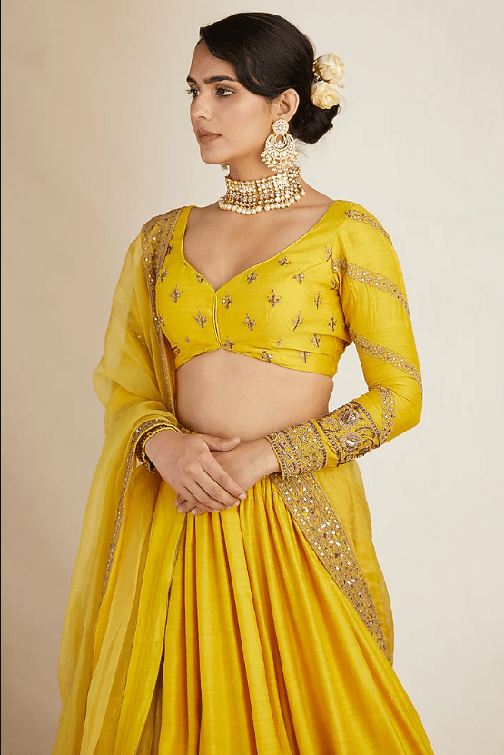 Mustard Chanderi Silk & Crepe Bead Embroidered Lehenga Set - Image 3
