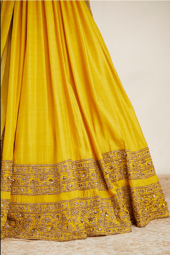Mustard Chanderi Silk & Crepe Bead Embroidered Lehenga Set - Image 4