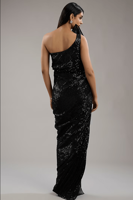 Black Sequinned Bugal Embroidered Sculpted Gown - Image 2