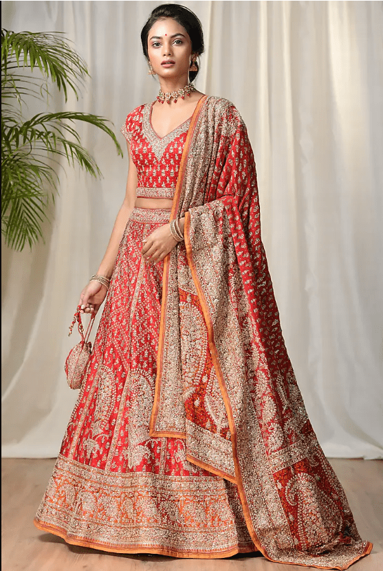 Red & Saffron Embroidered Lehenga Set