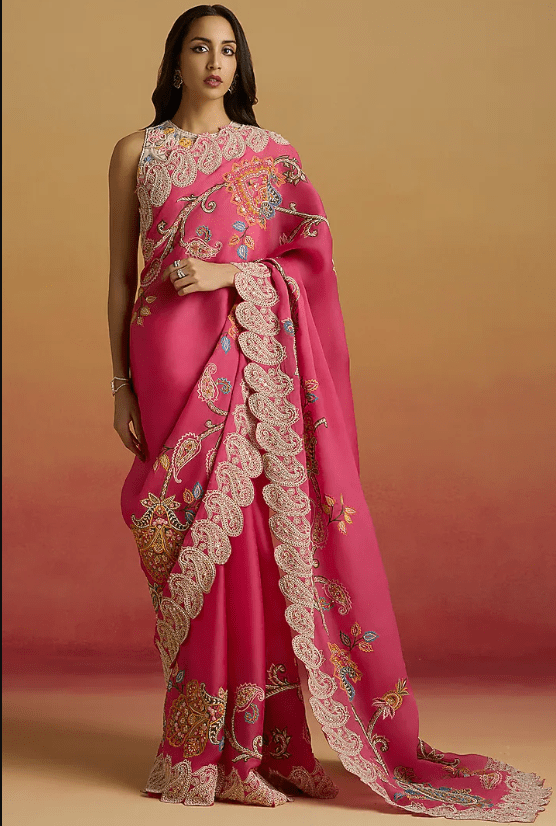 Hot Pink Silk Organza Thread Work Saree