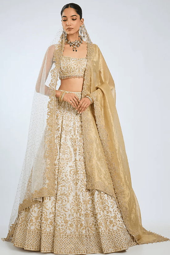 Ivory Raw Silk Threadwork Lehenga Set