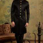 Black Satin Suede Embroidered Sherwani Set