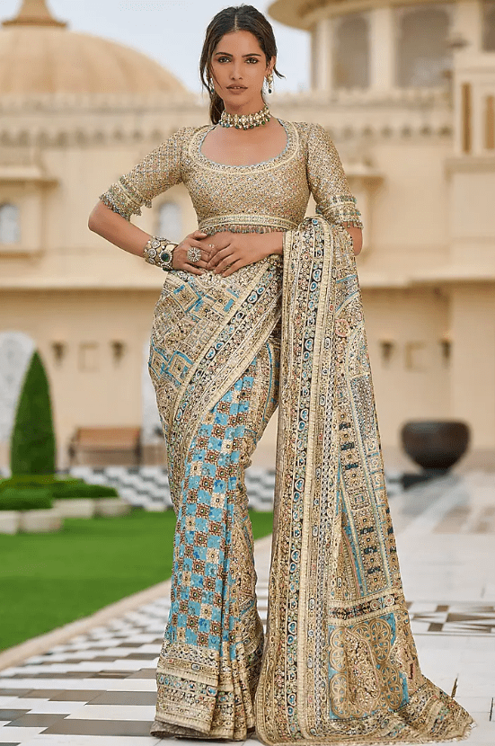 Multi-Colored Silk Dupion & Georgette Embroidered Saree Set