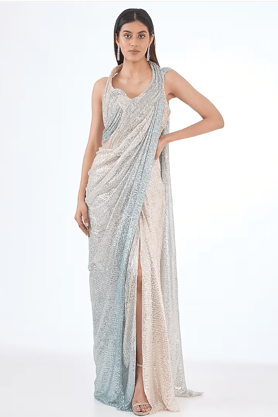 Opal Blue Sequins Sculpted Gown Saree