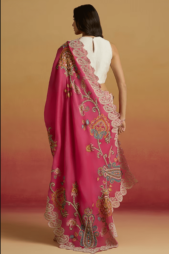 Hot Pink Silk Organza Thread Work Saree - Image 2